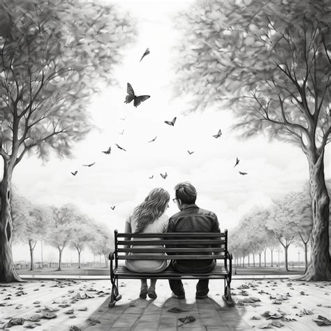 Premium AI Image | illustration of graphite pencil couple sitting on am bench in a park