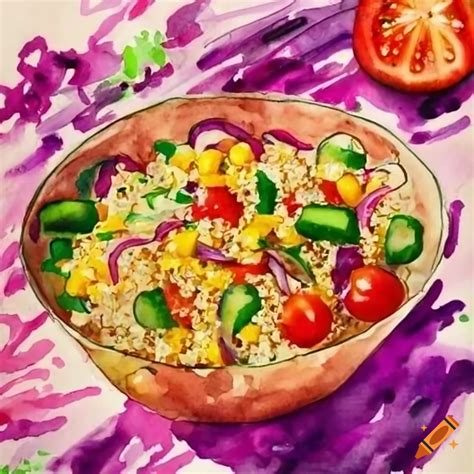 Watercolor painting of a colorful quinoa salad