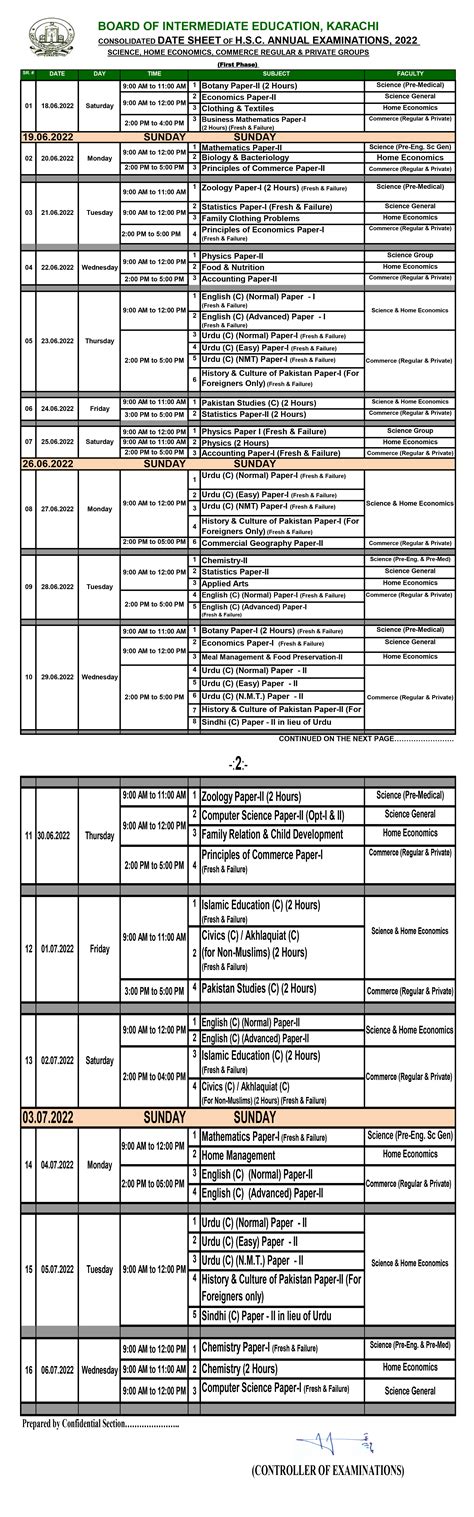 BIEK Karachi Board Fsc Part 1 Date Sheet 2022