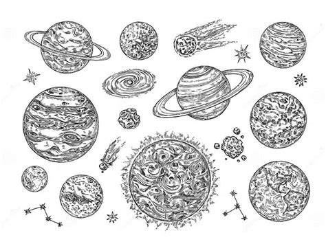 Sketch Solar System Planets. Hand Drawn Comet, Moon, Star, Galaxy and ...