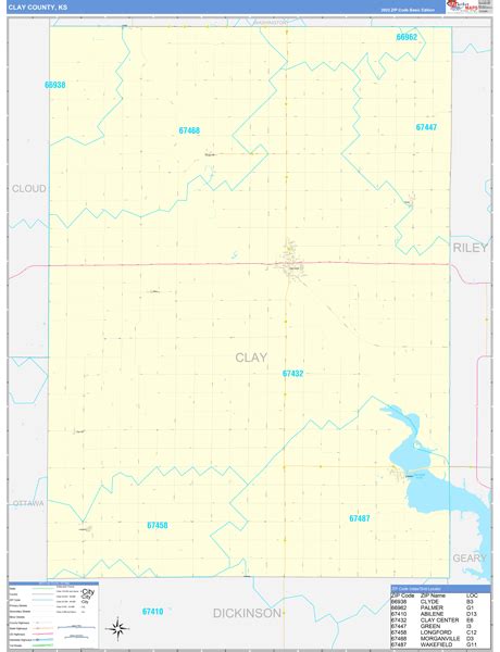 Clay County, KS Zip Code Wall Map Basic Style by MarketMAPS - MapSales