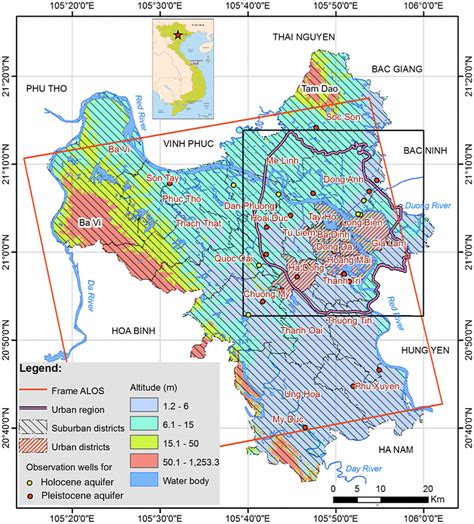 Map of Hanoi City urban region, with location of urban and suburban ...