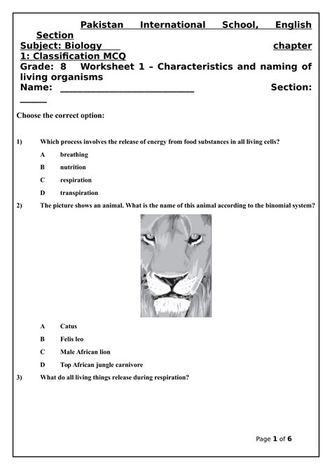 Characteristics Of Living Organisms Worksheet