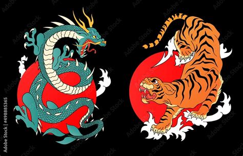 Japanese mythological animals or Asian traditional symbol for tattoo or label. Dragon and Tiger ...