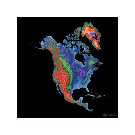 Elevation map of North America with black background - Fine Art Print ...