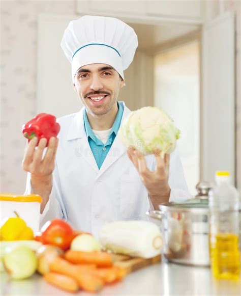 Happy Cook Man in Toque with Vegetables Stock Image - Image of ...