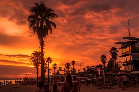 Premium AI Image | Beach volleyball tournament at sunset