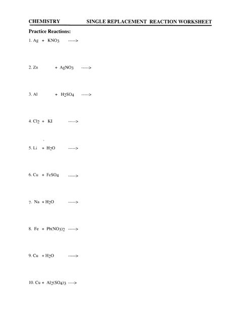 CHEMISTRY SINGLE REPLACEMENT REACTION WORKSHEET