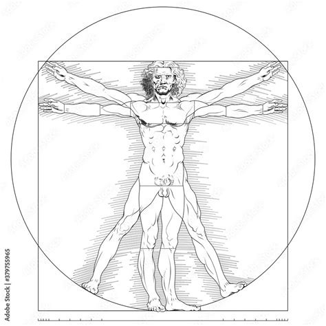 Illustration of Vitruvian man, Leonardo da Vinci drawing, Study of the anatomy of the human body ...