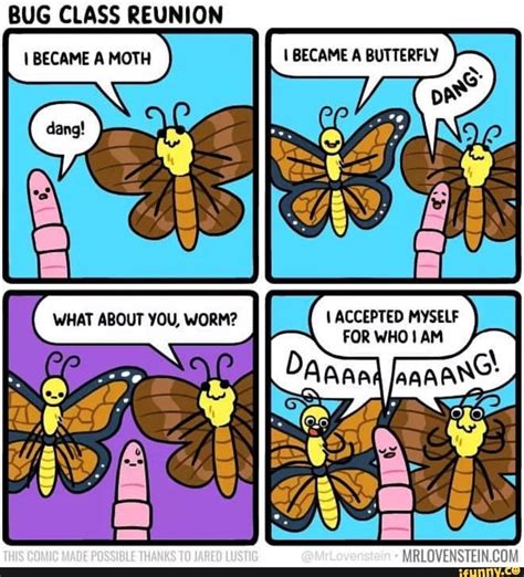 a comic strip with two butterflies and one saying bug class reunion i ...