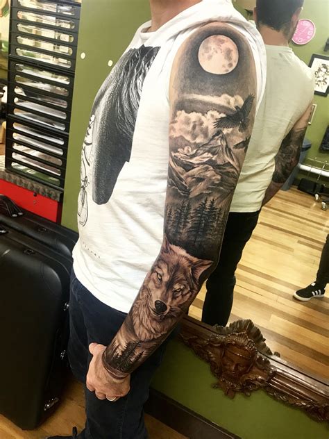 Full sleeve. Tattoos for men. Awesome wolf tattoo. Forrest tattoo. Sleeve tattoo # ...