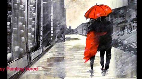 COUPLE walking in the RAIN Painting Tutorial | RED UMBRELLA RAINY scenery Step by Step for ...