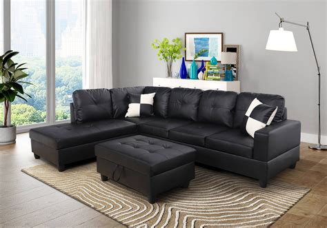 AYCP Furniture L Shape Sectional Sofa With Ottoman, Left Chaise, Black Faux Leather | Sectional ...