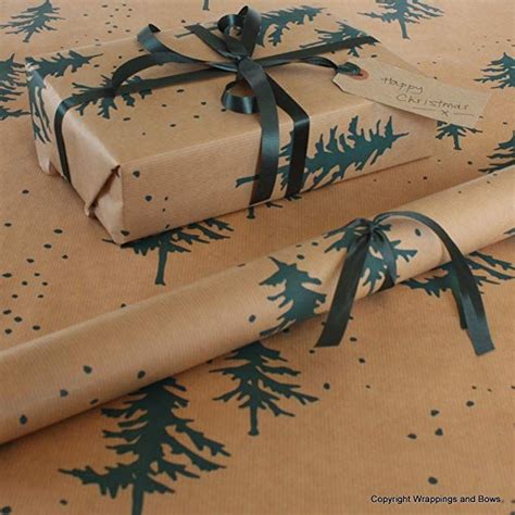 Natural Christmas Kraft Patterned Brown Gift Wrapping Paper - Winter Forest Green (2 met ...