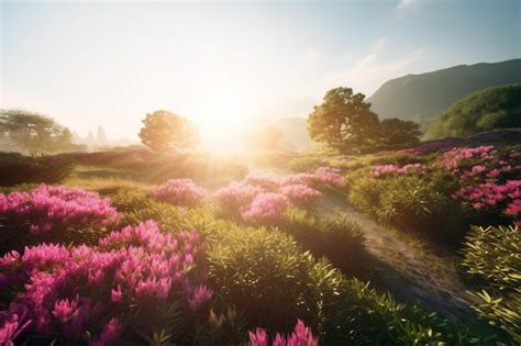 Premium AI Image | A landscape with pink flowers and mountains in the ...