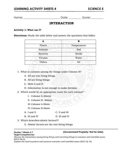 Science 5 Q2 LAS 4 - asdsad - LEARNING ACTIVITY SHEETS 4 SCIENCE 5 Quarter 1 Weeks 6- Target ...