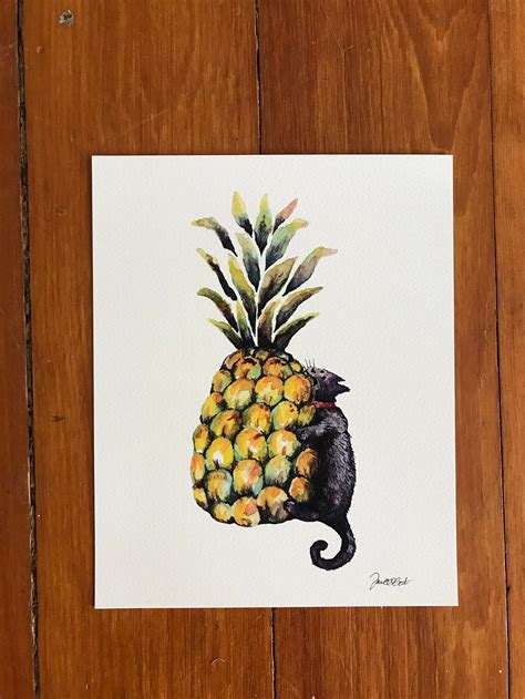 Cat Meets Pineapple Watercolor Illustration, Cat Art, Print, Funny Cat Illustration, Pineapple ...