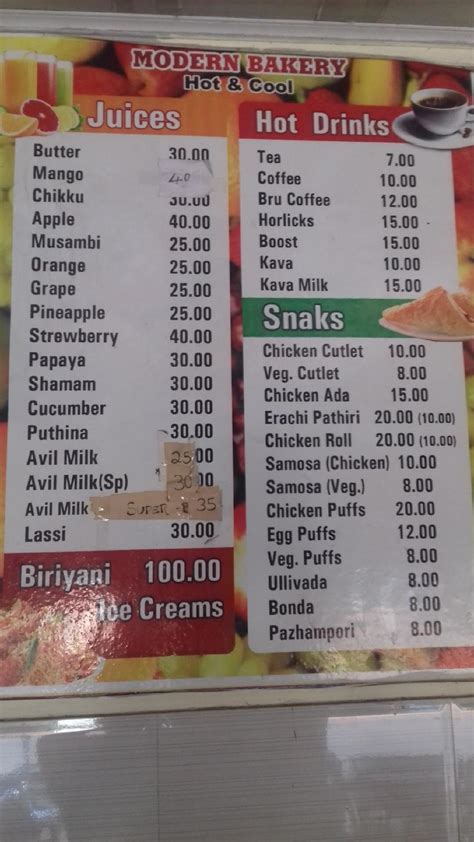 Menu at Modern Bakery, Kozhikode, 6R49+RJ5