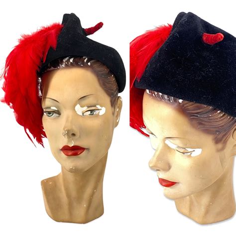 40s red feather felt hat, vintage 1940s Maria Dallas sculptural ...