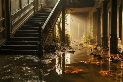 A Flooded Hallway with a Staircase. Interior of Flooded House Stock ...