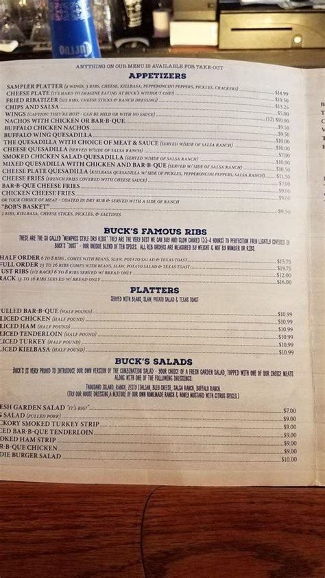 Menu at Bucks Bar, Corinth