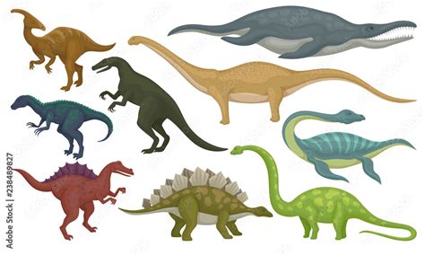 Flat vector set of prehistoric animals. Dinosaurs and sea monsters. Wild creatures from Jurassic ...