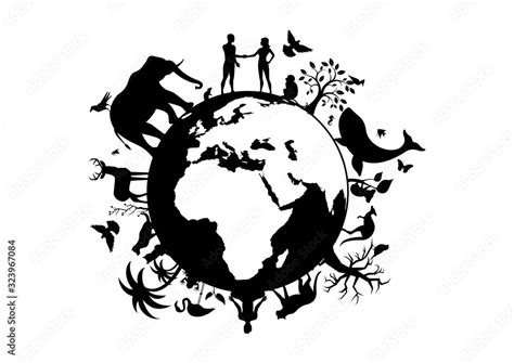 Planet Earth with animals and humans black silhouette vector. Planet Earth black silhouette ...