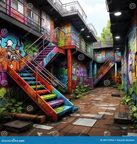 Vibrant Graffiti-covered Street Scene with Colorful Gardens Stock ...