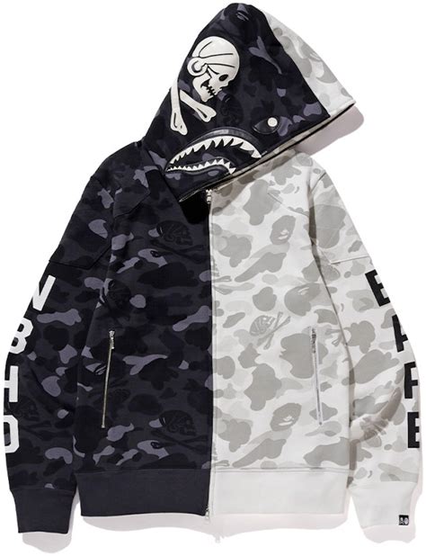 BAPE x Neighborhood Split Camo Shark Full Zip Hoodie Black/White - FW18