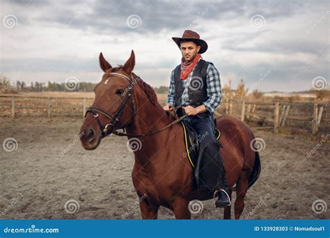 Cowboy Riding a Horse in Desert Valley, Western Stock Image - Image of ...