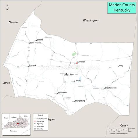 Map of Marion County, Kentucky showing cities, highways & important ...