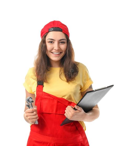 Female Mechanic In Uniform With Clipboard And Instruments On White Background Stock Photo ...