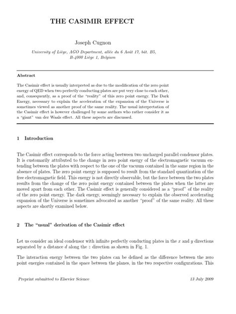 The Casimir Effect: Joseph Cugnon | PDF | Field (Physics) | Quantum Mechanics