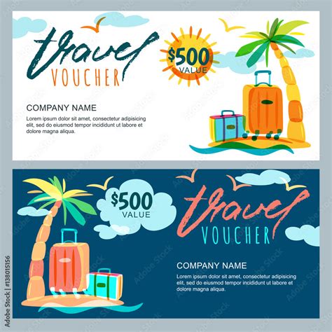 Vector gift travel voucher template. Tropical island landscape with ...