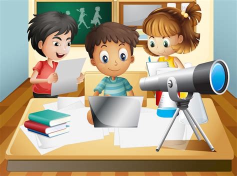 Premium Vector | Three kids working in group at school