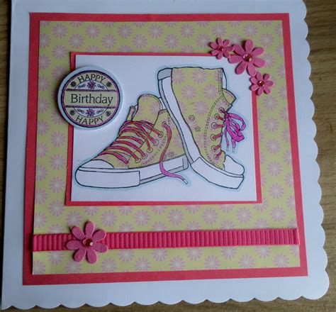 Teenage girl birthday card with funky yellow and pink trainers or converse style shoes ! Stamps ...