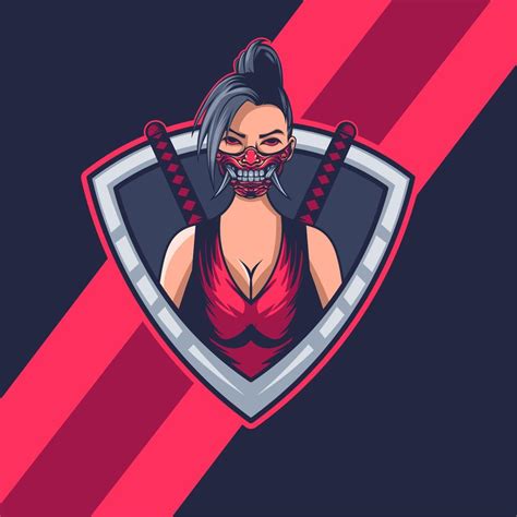 esport logo, beautiful woman with oni mask and two samurai swords on the back, for game logos ...