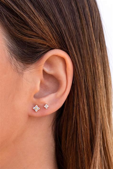 Tiny & Dainty Flower Shaped 4 CZ Stud Earrings - Etsy | Piercing stud ...