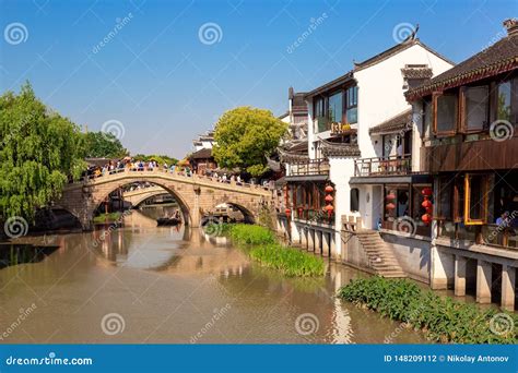 Qibao Shanghai, China - May, 2019: Landscape of Qibao Old Town in Shanghai, China. Brick Bridge ...