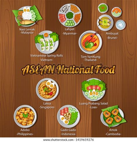 Asean National Delicious Famous Foodwith Wooden Stock Vector (Royalty ...