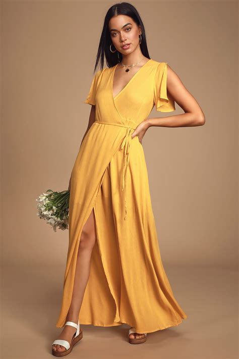 Much Obliged Golden Yellow Wrap Maxi Dress | Yellow bridesmaid dresses, Maxi wrap dress, Spring ...