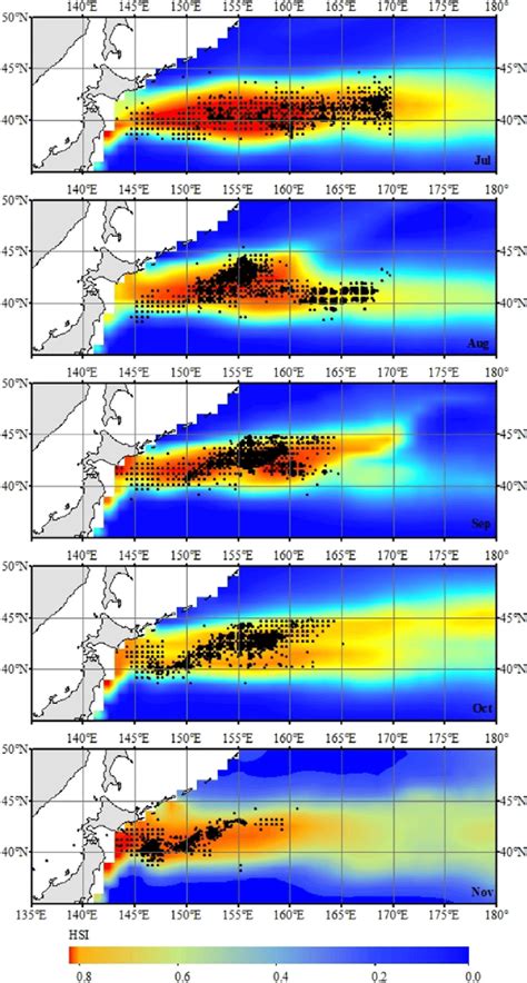 The distribution of neon flying squid potential habitat simulated by ...