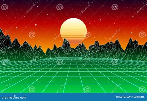 Neon Grid Mountain Landscape and Yellow Sun with Old 80s Arcade Game Style for New Retro Wave ...