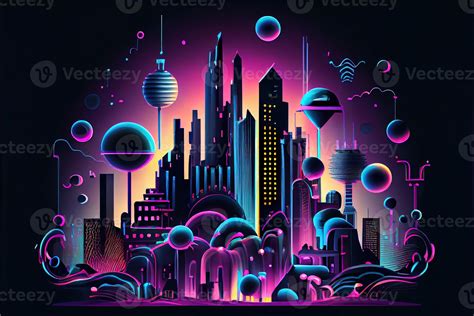 illustration of Future city, surreal neon fantasy abstract in infographic style. Neural network ...