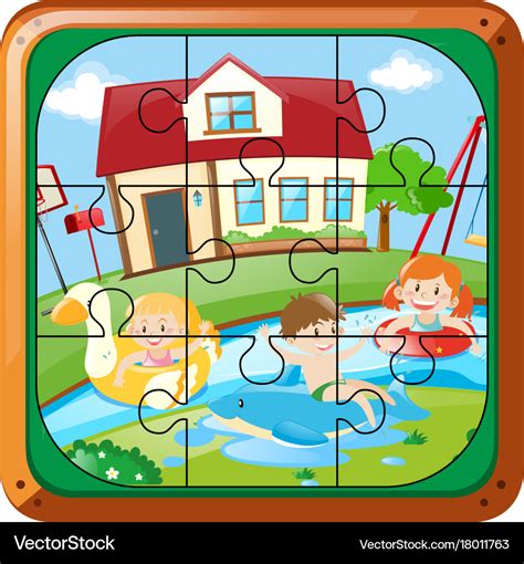 Jigsaw puzzle game with kids swimming at home Vector Image