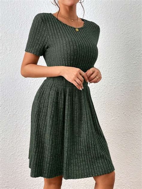 SHEIN Frenchy Solid Ribbed Knit A-line Dress | SHEIN USA