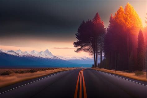 Premium AI Image | A road with a sunset and mountains in the background