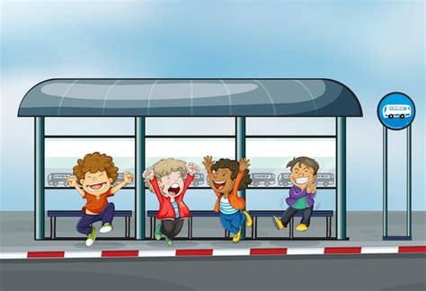 Four happy kids at the waiting shed Vector | Free Download