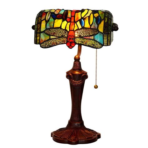 Bieye L10058 10-inches Dragonfly Tiffany Style Stained Glass Banker Table Lamp with Zinc Base ...