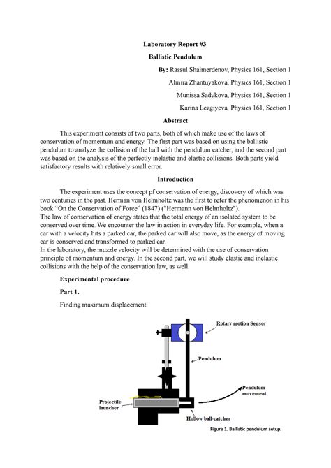 Lab Report 3 - phys 161 - Laboratory Report # Ballistic Pendulum By: Rassul Shaimerdenov ...